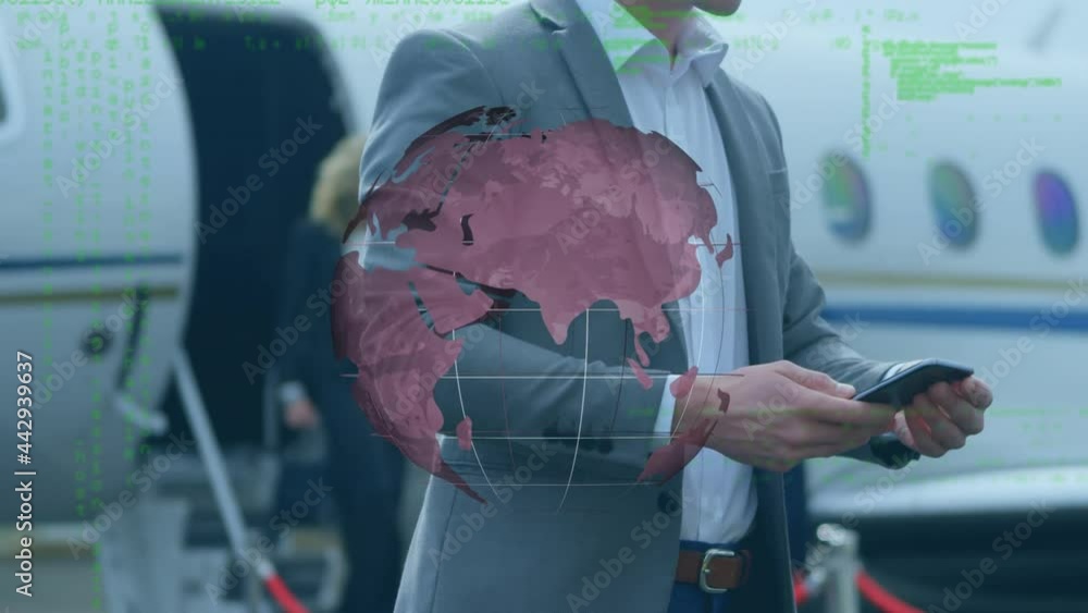 Aufkleber animation of rotating globe and data processing, over businessman using smartphone beside aeroplane