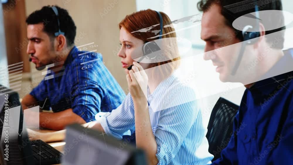 Poster animation of data processing and statistics over office workers wearing headsets