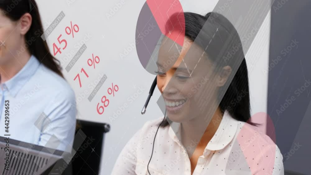 Poster animation of data processing and statistics over office workers wearing headsets