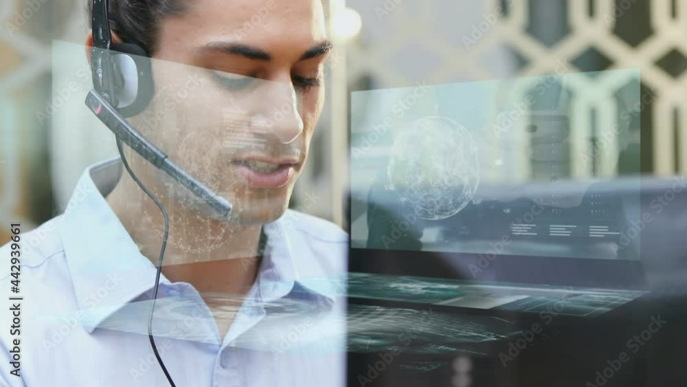 Poster animation of data processing over business people using phone headsets