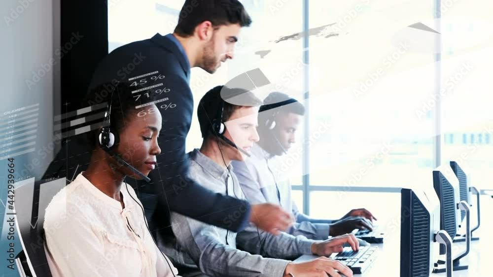 Poster animation of data processing and statistics over office workers wearing headsets