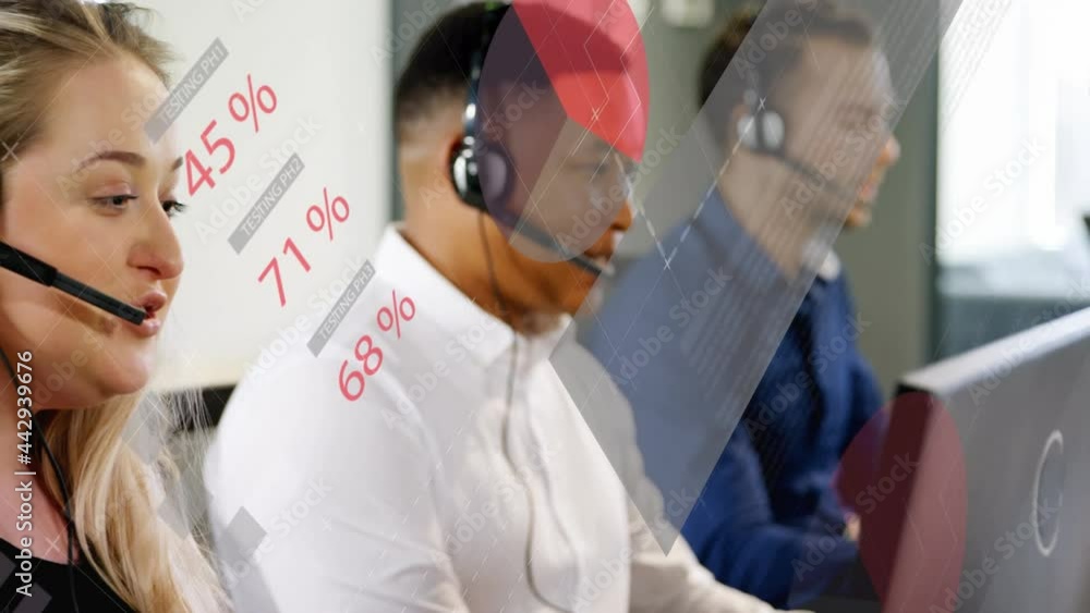 Poster animation of data processing and statistics over office workers wearing headsets