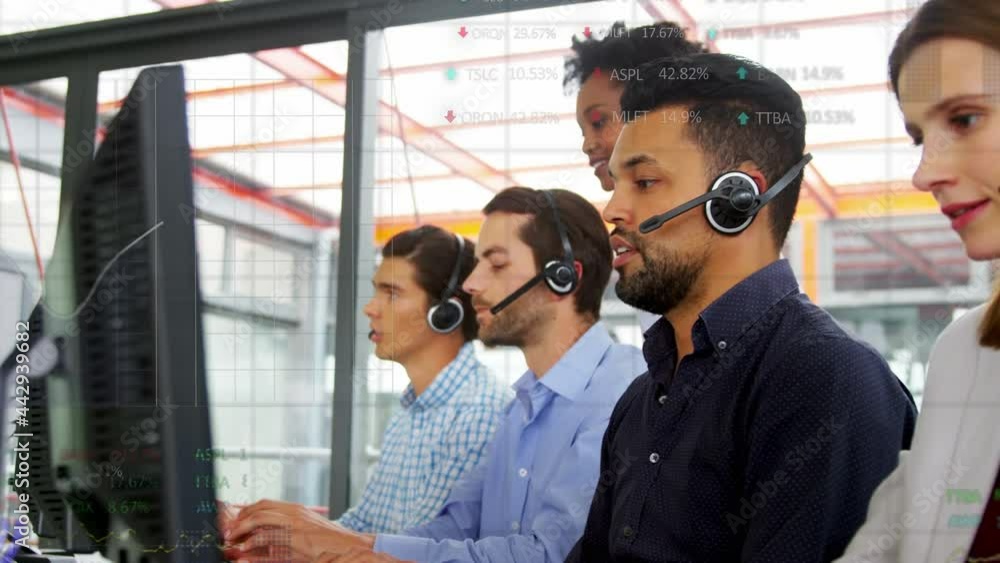 Poster animation of data processing and statistics over office workers wearing headsets