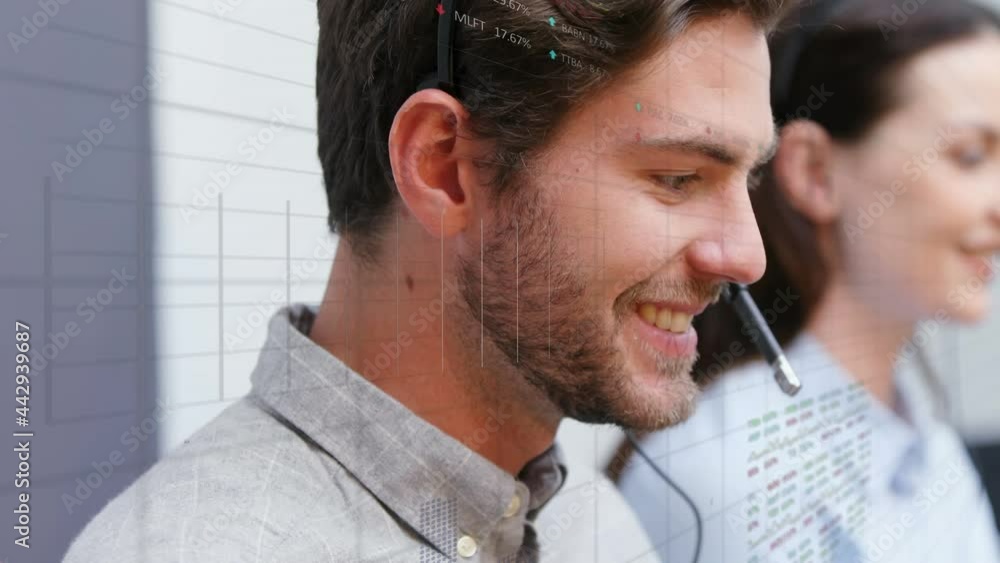 Poster Animation of data processing over business people using phone headsets