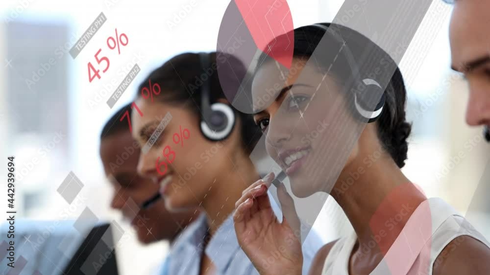 Aufkleber animation of data processing and statistics over office workers wearing headsets