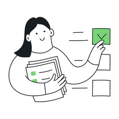 To-do list, performing prescribed tasks, filling out a questionnaire. Cute cartoon woman ticks the document. Thin line vector illustration on white background.