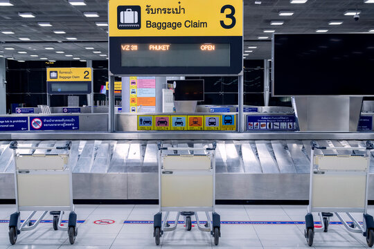 Bangkok, Thailand - July 2, 2021 : Empty Airport Luggage Trolleys Or Baggage Carts At Baggage Claim  Aria In Arrival Terminal At Suvarnabhumi Airport On During Covid Or Coronavirus Pandemic.