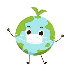 Earth character design. planet vector. Earth day mascot. Planet cartoon wearing a mask.
