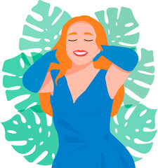 Flat. Vector. A woman with red hair in a blue dress on a background of monstera leaves. Happy smile. Love yourself and your body concept. Take time for yourself.