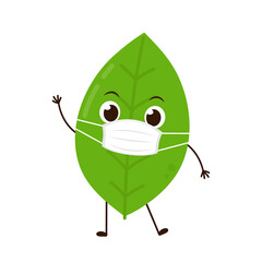 Tea leaves character. Tea leaves on. Matcha character design. Tea leaves cartoon wearing a mask.