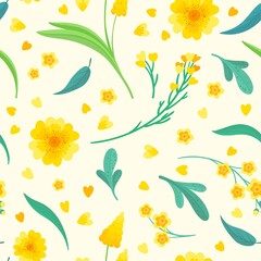 Yellow flowers and leaves seamless pattern. Blossoms floral decorative backdrop. Blooming spring plants. Vintage textile, fabric, wallpaper design on a beige background
