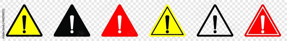 Wall mural Attention caution danger sign, Exclamation mark sign, Triangular warning symbols icon set, warning sign, Vector illustration