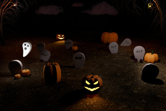 Halloween 3D render of graveyard with halloween pumpkins and graves