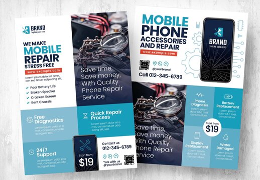 Mobile Phone Repair Poster Layout in Modern Style with Blue Color Scheme 