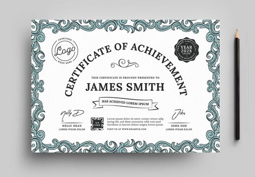 Classic Green Certificate Baroque Luxury Style in Portrait A4 Layout 