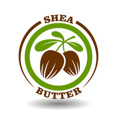 Vector circle logo Shea butter with green leaves branch and brown nuts symbol in round pictogram for organic cosmetics sign, natural food labeling tags and herbal medicine products packaging