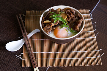 Grilled pork with egg, Japanese style rice bowl