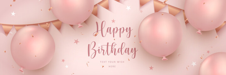 Elegant rose pink golden ballon and ribbon decoration Happy Birthday celebration card banner template background