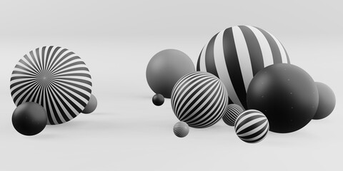 many decorative balls Horizontal stripes black and white 3D illustration