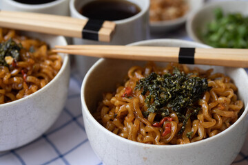 Korean hot and spicy instant noodle and seaweed