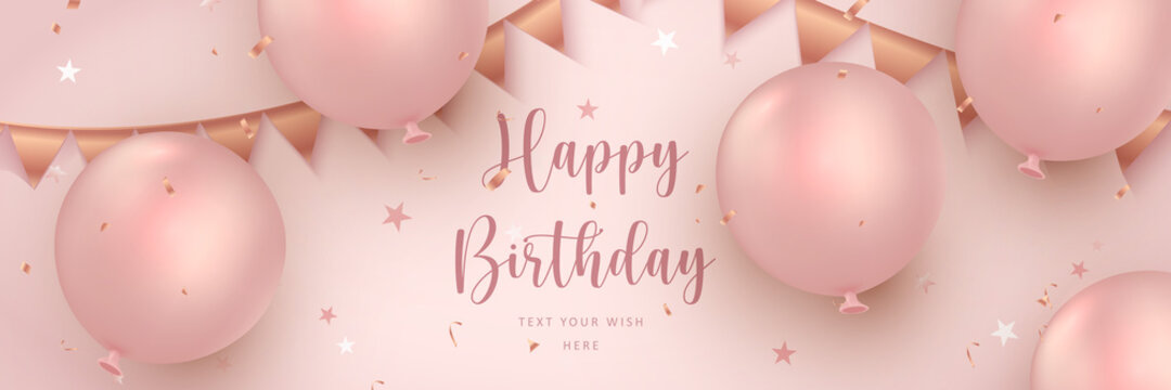 Elegant rose pink golden ballon and ribbon decoration Happy Birthday  celebration card banner template background Stock Vector | Adobe Stock