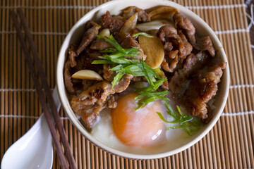 Grilled pork with egg, Japanese style rice bowl