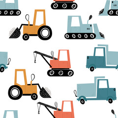 Vector hand-drawn seamless repeating children simple pattern with cars in Scandinavian style on a white background.Kids seamless pattern with building equipment. Funny construction transport