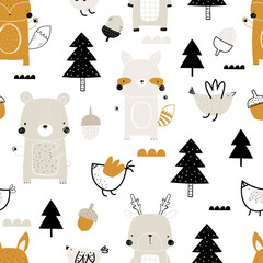 Vector hand-drawn colored childrens seamless repeating pattern with cute bear, deer, fox, deer, raccoon, trees, on a white background. Creative kids forest texture for fabric, wallpaper, apparel.