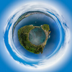 Fototapeta premium Aerial view of Azores, Portugal. Little planet panorama 360 degrees. Drone landscape in a Tiny planet image of Vila Franca Islet. Travel destination. Summer vacations.