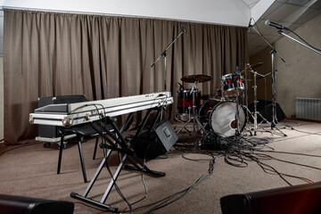 The rehearsal base. Stage and musical instruments.