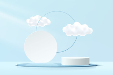 Abstract 3D blue, white cylinder pedestal podium with cloud sky and geometric circle backdrop. Pastel blue minimal wall scene. Vector rendering geometric platform for product display presentation.