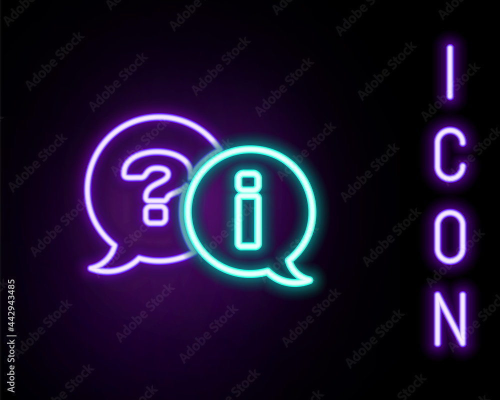 Poster glowing neon line speech bubbles with question and exclamation icon isolated on black background. fa