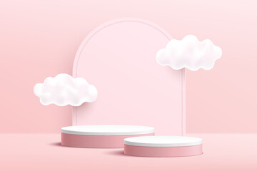 Abstract 3D pink and white cylinder pedestal podium with cloud sky and arch geometric backdrop. Sweet pink minimal wall scene. Vector rendering geometric platform for valentine product presentation.
