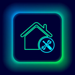 Glowing neon line House or home with screwdriver and wrench icon isolated on black background. Adjusting, service, setting, maintenance, repair, fixing. Colorful outline concept. Vector