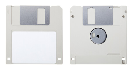 Grey floppy disk, front and back with blank label isolated on white background, clipping path