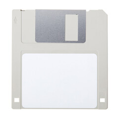 Grey floppy disk with blank label isolated on white background, clipping path