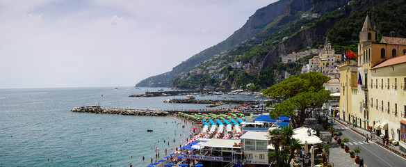 Amalfi town and beach panoramic view on a summer day, Amalfitan Coast, Salerno, Campania, Italy