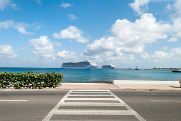 Grand Cayman Island George Town Crosswalk And Cruise Ships