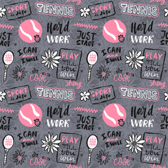 Girly seamless sport pattern with flowers. Background with tennis balls, rackets and lettering. Design for baby textiles, motivation phrase, slogan. Hard work, i can and i will, sport is life.