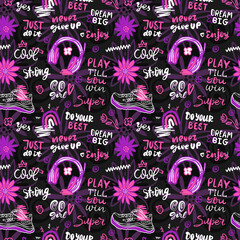 Girly bright background with sneakers, flowers and sports phrases. Seamless pattern with headphones and lettering for sports girls, for textiles, print for a T-shirt, motivational sport quotes.