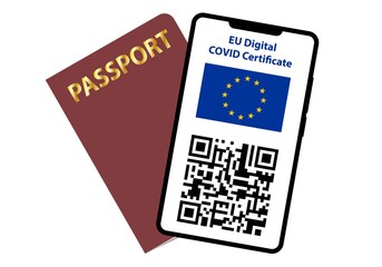 Pasaporte y móvil con el código QR, la bandera de la UE como certificado Covid-19 digital. Documentos para viajar en pandemia