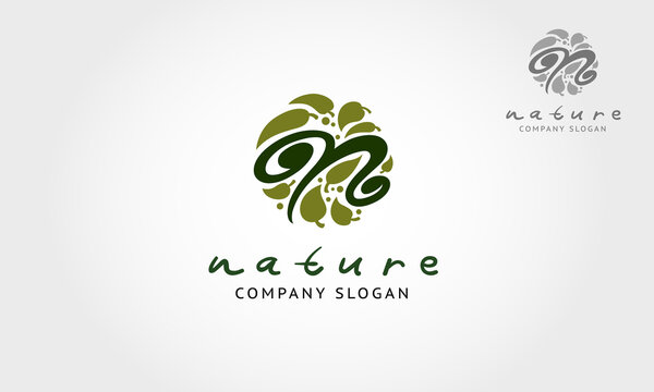 Nature Emblem Vector Logo Template. Illustration of an elegant and luxurious Logo. In the leaf image there is the letter N or initials.