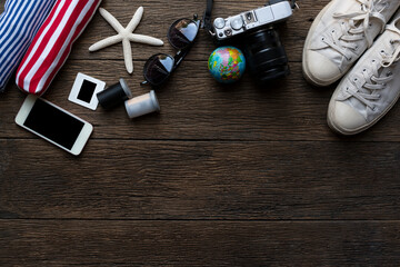 concept of travel vacation trip and long summer weekend planning on wooden table background