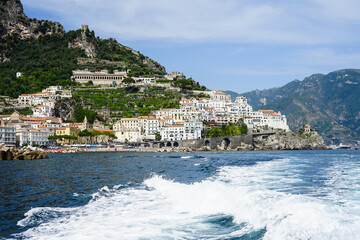 Fototapeta na wymiar Amalfi view from the boat on a summer day, Amalfi Coast, Salerno, Campania, Italy