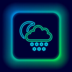 Glowing neon line Cloud with snow and moon icon isolated on black background. Cloud with snowflakes. Single weather icon. Snowing sign. Colorful outline concept. Vector