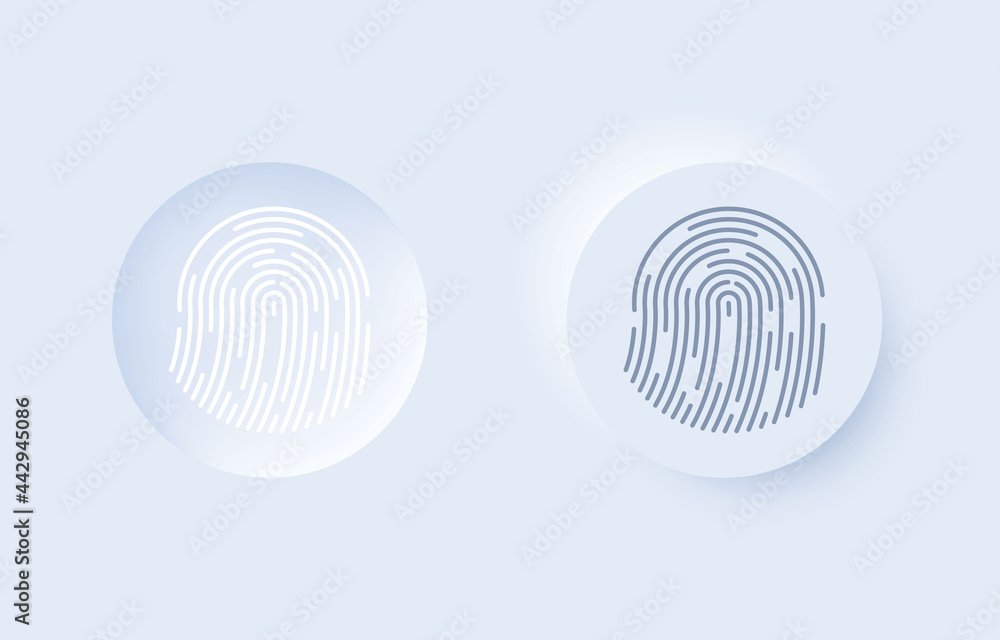 Poster fingerprint round button on and off in modern neumorphic trend style. ui, ux set for mobile app. loc