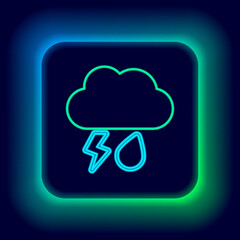 Glowing neon line Cloud with rain and lightning icon isolated on black background. Rain cloud precipitation with rain drops.Weather icon of storm. Colorful outline concept. Vector