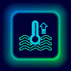 Glowing neon line Water thermometer measuring heat and cold icon isolated on black background. Thermometer equipment showing hot or cold weather. Colorful outline concept. Vector