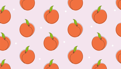 Peaches and white dots on a light pink background. Vector background.