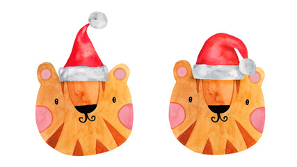 Watercolor aquarelle tiger cute set for new year winter character in a cap. Symbol of the year.